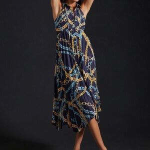 Anthropology Maeve High Low Dress with Chain Print in Blue and Gold